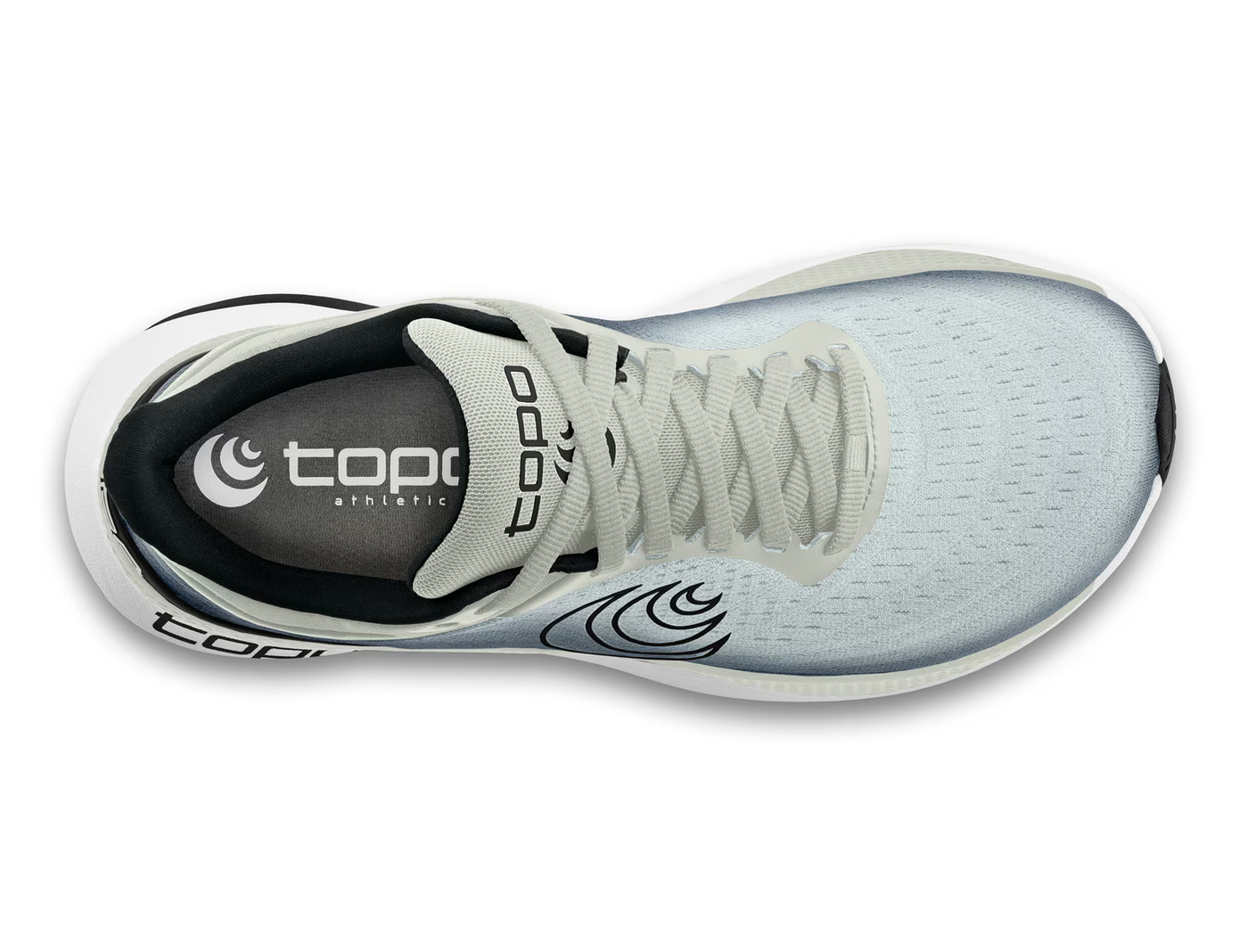 Top view of a light gray Topo running shoe with a gradient design fading into charcoal, featuring a black swirl logo on the side, 'topo' branding on the sole, and a thick white cushioned sole for comfort and performance.