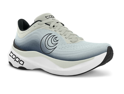 Side view of a light gray Topo running shoe with a gradient design fading into charcoal, featuring a black swirl logo on the side, 'topo' branding on the sole, and a thick white cushioned sole for comfort and performance.