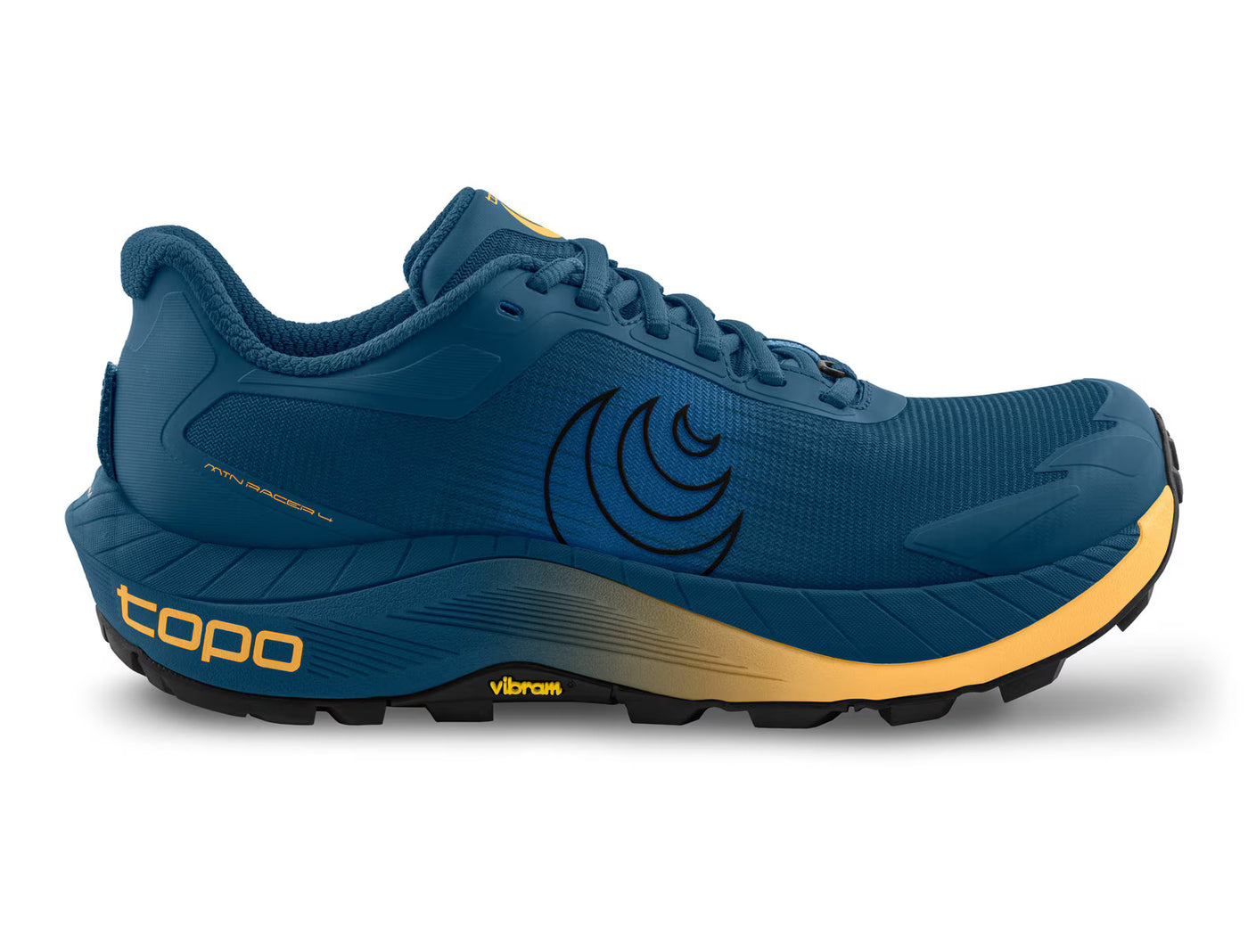 Topo MTN Racer 4 in navy/sky with orange logo; 33/28mm cushioning, Vibram Megagrip outsole, and gaiter-compatible FKT insole for fast, technical trails; side view.