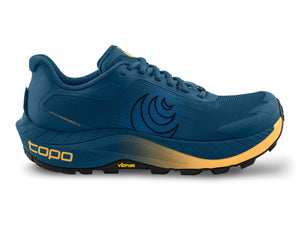 Topo MTN Racer 4 in navy/sky with orange logo; 33/28mm cushioning, Vibram Megagrip outsole, and gaiter-compatible FKT insole for fast, technical trails; side view.