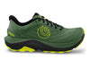 Topo Athletic Ultraventure 4 trail running shoe in green and black with Vibram XS Trek EVO outsole, plush ZipFoam midsole, and breathable recycled mesh upper. Lightweight trail runner with wide toe box for comfort.