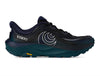 Topo Athletic Men’s Ultraventure 5 trail running shoe in Black Tide with black and navy mesh, teal cushioning, and a Vibram outsole, shown from the side.