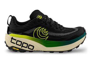 Side view of Topo trail running shoe in black/lime with max-cushion 38/33mm ZipFoam, rocker midsole, and Vibram Megagrip outsole with 4mm lugs; gaiter compatible.