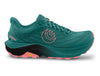 Topo Athletic Ultraventure 4 women’s trail running shoe in dark teal and pink with Vibram XS Trek EVO outsole, responsive ZipFoam midsole, and breathable recycled mesh upper for comfort on light to moderate trails.