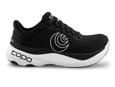 Side view of a black Topo running shoe with a white swirl logo on the side, 'topo' branding on the white cushioned sole, and a sleek, lightweight design for performance and comfort.