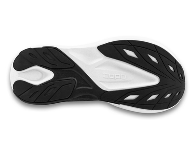 View of a black Topo running shoe with a white swirl logo on the side, 'topo' branding on the white cushioned sole, and a sleek, lightweight design for performance and comfort.