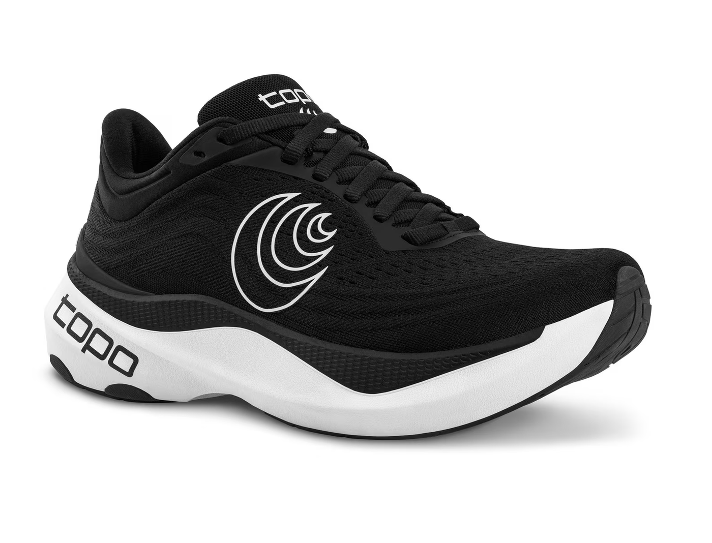 Side view of a black Topo running shoe with a white swirl logo on the side, 'topo' branding on the white cushioned sole, and a sleek, lightweight design for performance and comfort.