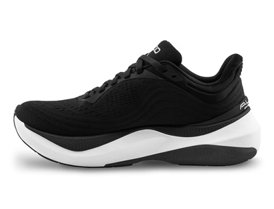 Side view of a black Topo running shoe with a white swirl logo on the side, 'topo' branding on the white cushioned sole, and a sleek, lightweight design for performance and comfort.