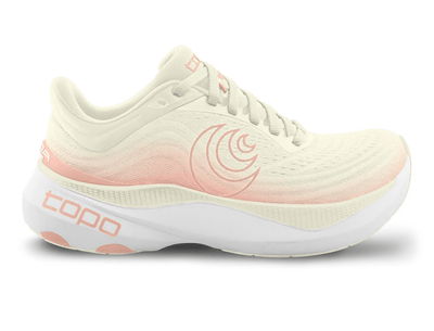 Side view of a cream-colored Topo running shoe with a soft pink gradient, featuring a pink swirl logo on the side, 'topo' branding on the cushioned sole, and pink accents for a light and elegant design.