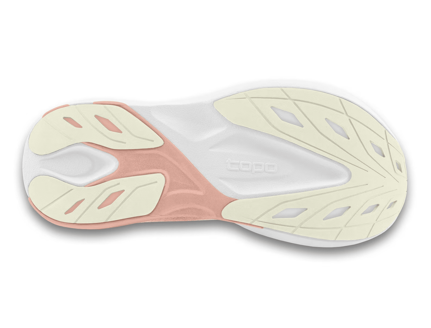 View of a cream-colored Topo running shoe with a soft pink gradient, featuring a pink swirl logo on the side, 'topo' branding on the cushioned sole, and pink accents for a light and elegant design.