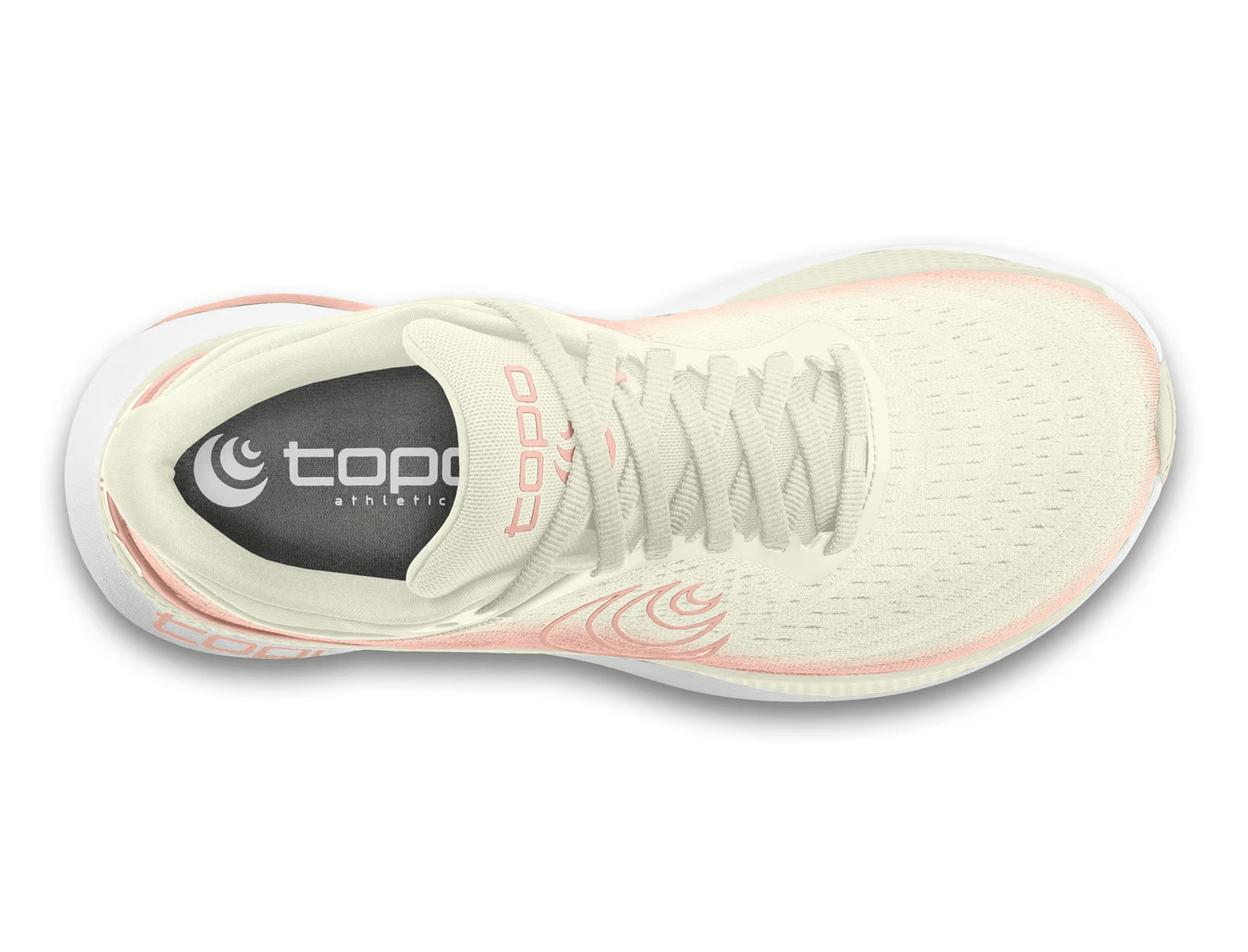 Top view of a cream-colored Topo running shoe with a soft pink gradient, featuring a pink swirl logo on the side, 'topo' branding on the cushioned sole, and pink accents for a light and elegant design.