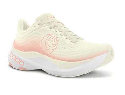 Side view of a cream-colored Topo running shoe with a soft pink gradient, featuring a pink swirl logo on the side, 'topo' branding on the cushioned sole, and pink accents for a light and elegant design.