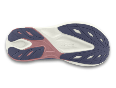 Side view of a lilac Topo running shoe with a gradient design fading into purple, featuring a pink swirl logo on the side, 'topo' branding on the cushioned sole, and pink accents for a stylish and comfortable design.