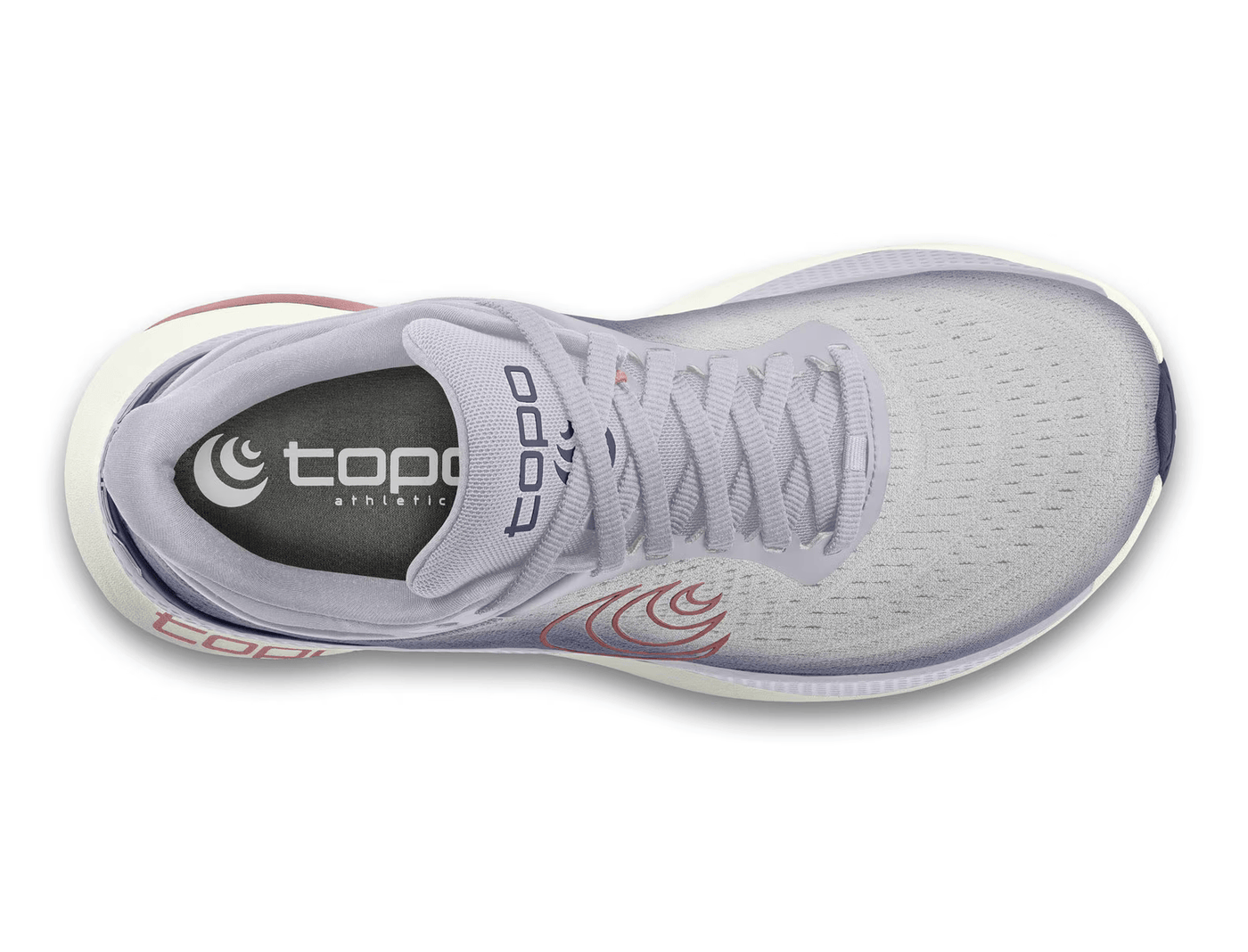 Top view of a lilac Topo running shoe with a gradient design fading into purple, featuring a pink swirl logo on the side, 'topo' branding on the cushioned sole, and pink accents for a stylish and comfortable design.