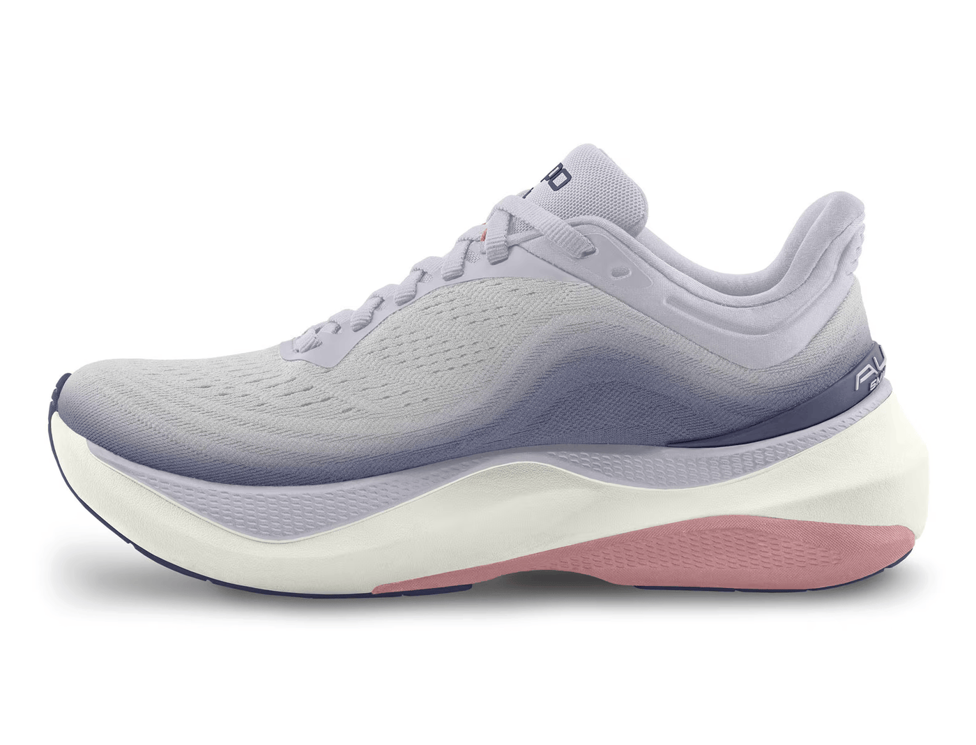 Side view of a lilac Topo running shoe with a gradient design fading into purple, featuring a pink swirl logo on the side, 'topo' branding on the cushioned sole, and pink accents for a stylish and comfortable design.