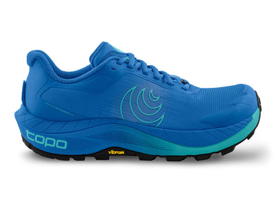 Women’s Topo MTN Racer 4 in blue/teal—33/28mm cushioned platform, FKT quick-drain insole, and Vibram Megagrip outsole; gaiter-ready trail runner, side view.