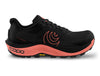 Topo Athletic MTN Racer 4 women’s trail running shoe in black and rose with Vibram Megagrip outsole, responsive cushioning, and technical performance upper. Lightweight trail race shoe for rugged terrain.