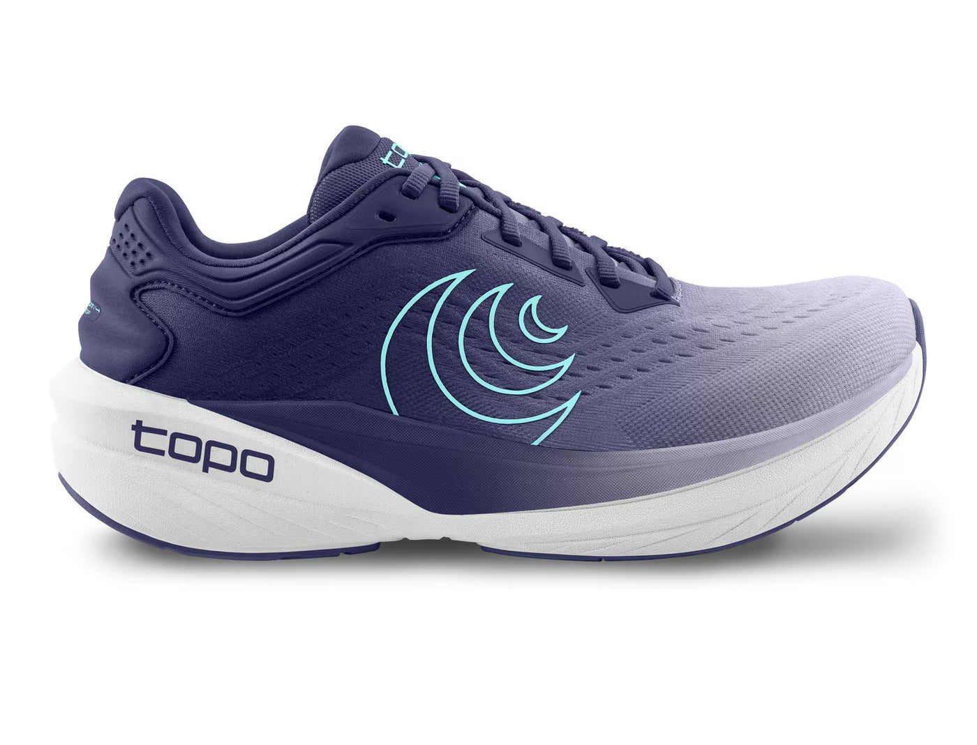 Women’s Topo Phantom 4 in purple/blue—high-cushion neutral road shoe with lighter, responsive ZipFoam and 35/30mm stack; side view.