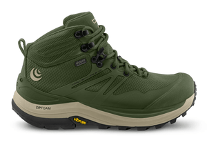 Side view of an olive-green Topo hiking boot with durable mesh uppers, a tan cushioned midsole, Vibram outsole for traction, and waterproof technology for all-weather performance.