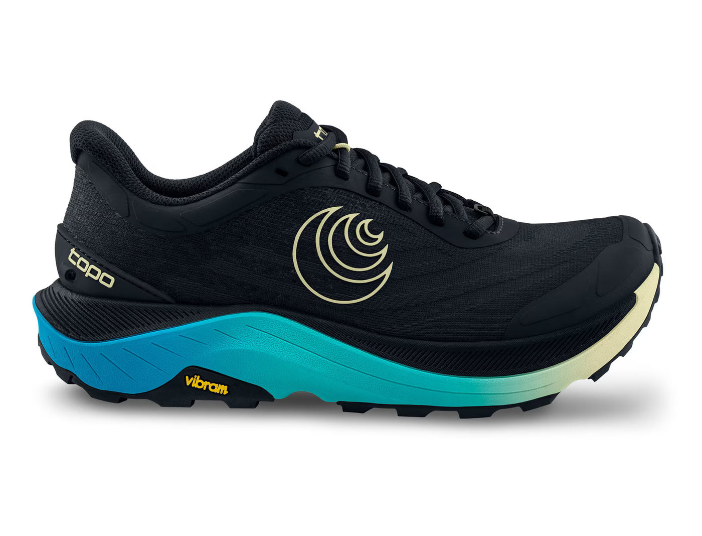 Women’s Topo Ultraventure 4 in black with teal gradient midsole—roomy toe box, plush ZipFoam cushioning, and Vibram XS Trek EVO outsole for light-to-moderate trails; side view.