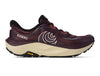 Topo Women’s Ultraventure 5 neutral trail shoe with a maroon mesh upper, plush tan cushioning, and rugged Vibram outsole.