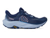 Women’s Topo Athletic Ultraventure 5 trail shoe in navy and light blue, featuring a cushioned midsole and Vibram outsole.