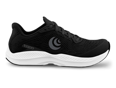 Topo Athletic Fli-Lyte 5 men's lightweight trainer in black with a breathable mesh upper, ZipFoam midsole for cushioning and bounce, durable rubber outsole, and a roomy toe box for comfort.