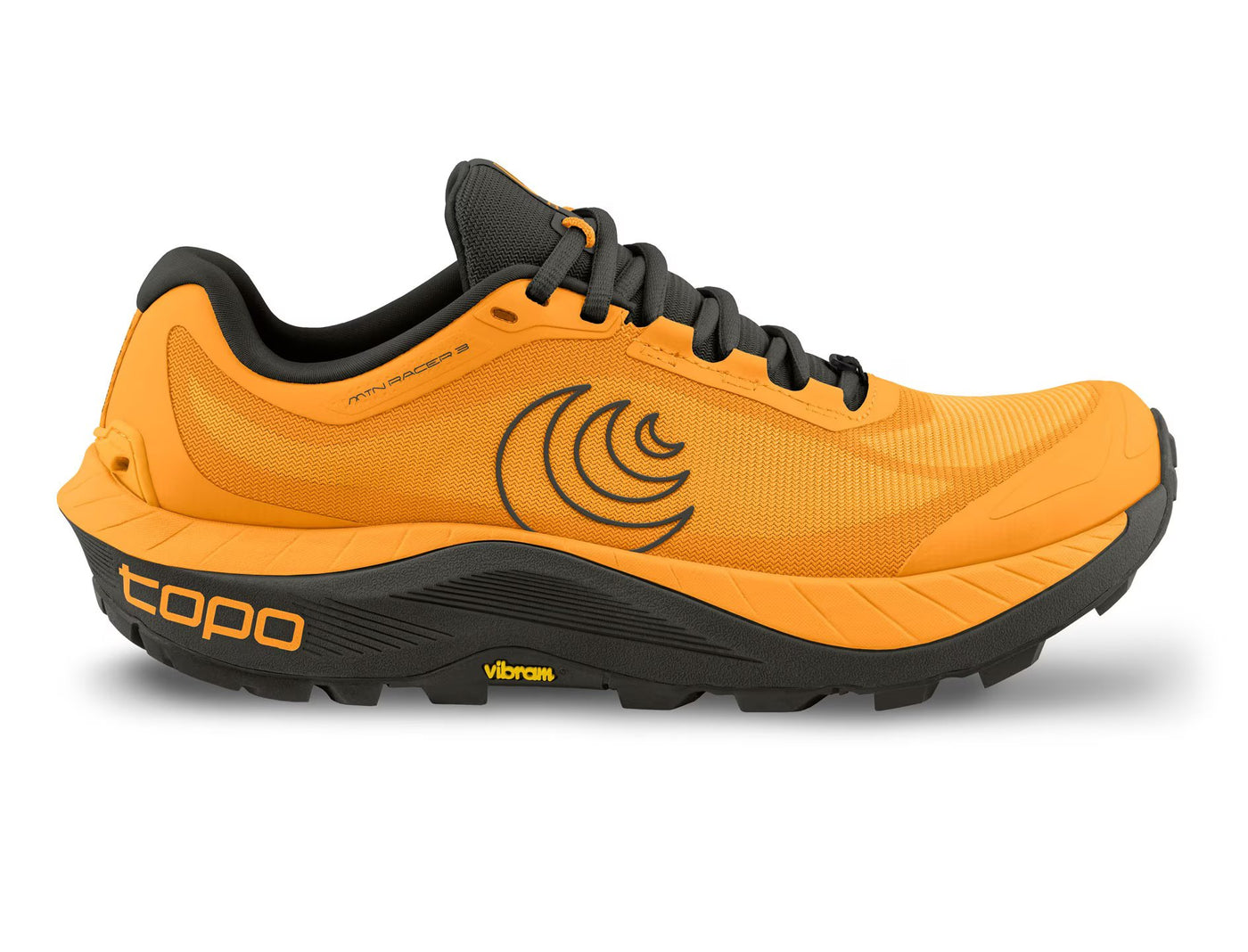 Topo MTN Racer 3 men's trail running shoe in orange with a black Vibram Megagrip outsole, ZipFoam midsole for cushioning, breathable upper, and a roomy toe box for comfort on technical trails.