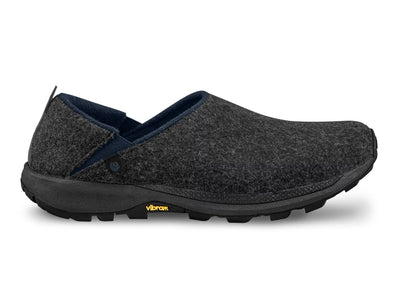 Topo Rekovr 2 Men's recovery shoe with a gray wool upper, Vibram XS Trek EVO outsole for traction, and a 3D Wave Sense footbed for a massaging effect. Designed for comfort and sockless wear.