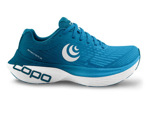 Topo Specter 2 men's high-cushion running shoe in blue with a breathable mesh upper, Pebax midsole for energy return, durable outsole, and roomy toe box for comfort during road running and races.