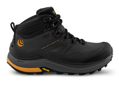 Topo Athletic Trailventure 2 WP men's waterproof hiking boot in black with a Vibram Megagrip outsole, ZipFoam midsole, ESS rock plate for protection, eVent waterproof bootie, and a roomy toe box.