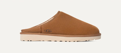 Men’s chestnut suede UGG slip-on clog with minimalist upper, plush lining, and grippy lightweight EVA outsole; studio side profile.