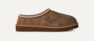 Side view of chestnut Tasman Baxter: textured suede with natural variations, braided collar trim, and cushioned EVA outsole.