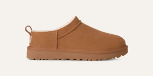 UGG Classic Micro boot in chestnut suede with low-profile design, lined with soft sheepskin and cushioned sugarcane EVA outsole for lightweight comfort indoors and outdoors.