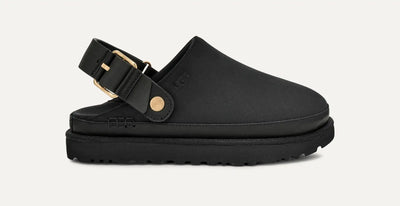 Goldenstar Villa clog in black—closed toe, adjustable slingback strap, leather-wrapped midsole, and ultra-light sugarcane EVA sole.
