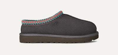 Side view of dark grey UGG Tasman II slip-on with multicolor UGGbraid collar, plush sheepskin lining, and lightweight sugarcane EVA sole.