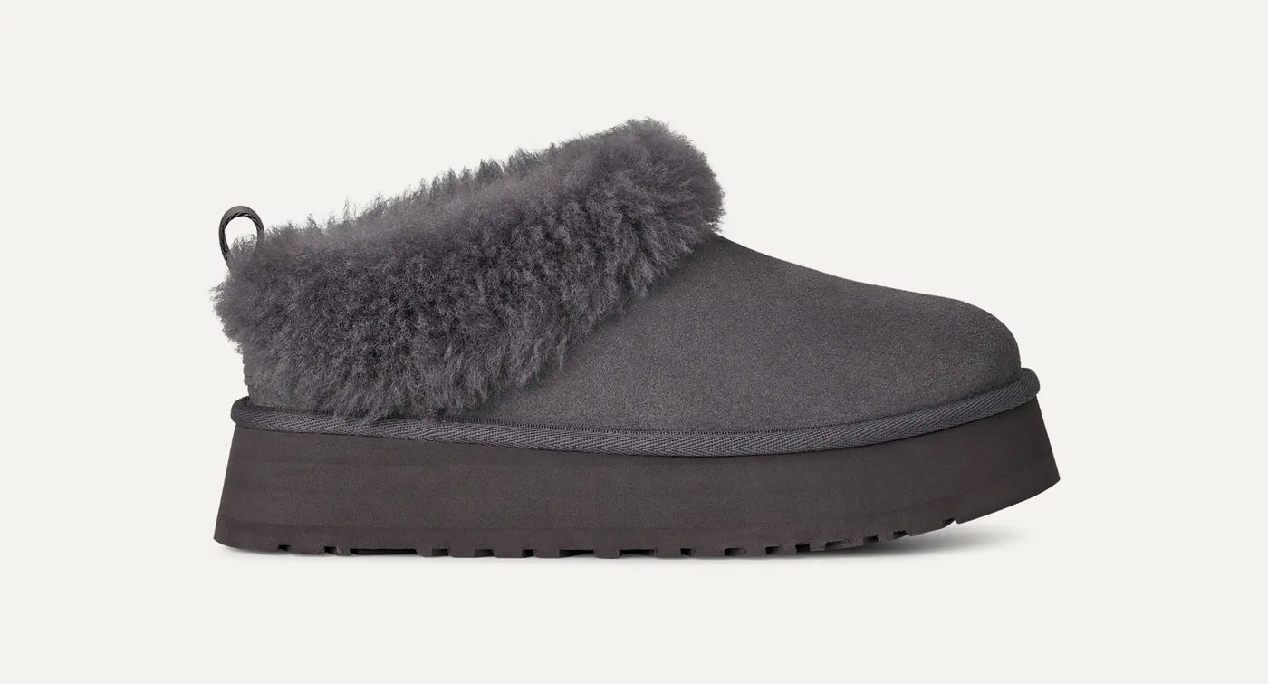 UGG Tazzelle in Obsidian—grey suede platform slipper with plush sheepskin collar, 1.75" lightweight sugarcane EVA sole; side view.