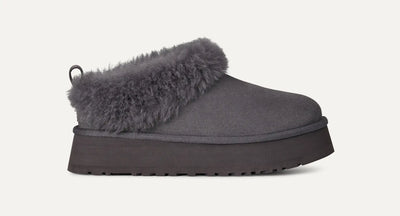 UGG Tazzelle in Obsidian—grey suede platform slipper with plush sheepskin collar, 1.75" lightweight sugarcane EVA sole; side view.
