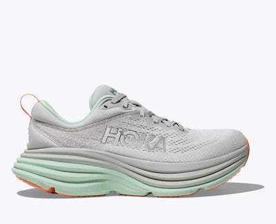 HOKA Bondi running shoe in light gray with an extended heel geometry, soft foam midsole, and a breathable engineered mesh upper for a cushioned and balanced ride.