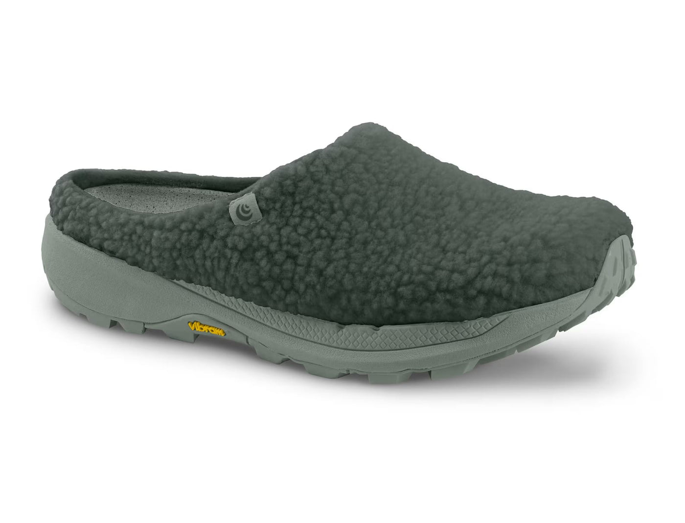 Women’s Topo Revive recovery slide in moss green—fleece slip-on with 3D Wave Sense massaging insole and Vibram XS Trek EVO outsole; side view.