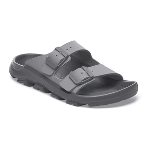 Side view of grey Birkenstock Mogami Terra sandals with dual adjustable straps, stealth buckles, and rugged PU sole designed for water resistance and all-terrain durability.