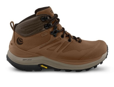 Men’s Topo Trailventure 2 WP hiking boot in brown, mid-cut with lace hooks, roomy toe box, and Vibram Megagrip sole; side view.