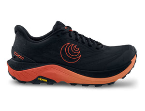 Topo Ultraventure 4 trail runner in black with orange midsole—roomy toe box, plush ZipFoam cushioning, and Vibram XS Trek EVO outsole for traction; side view.