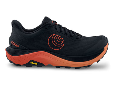Topo Ultraventure 4 trail runner in black with orange midsole—roomy toe box, plush ZipFoam cushioning, and Vibram XS Trek EVO outsole for traction; side view.