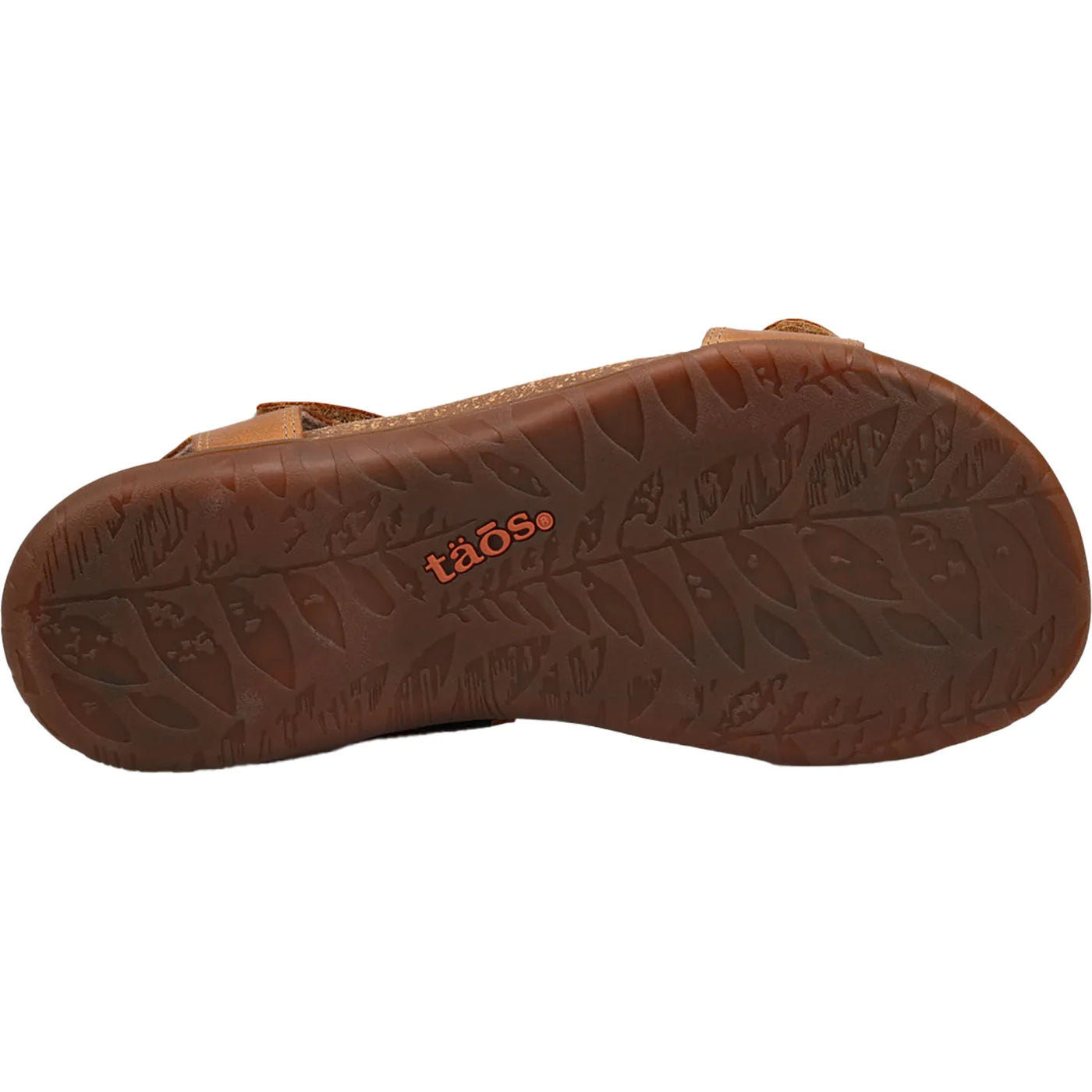 view of a brown leather Taos sandal featuring adjustable straps, a cork footbed, and a durable sole.