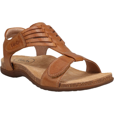 view of a brown leather Taos sandal featuring adjustable straps, a cork footbed, and a durable sole.