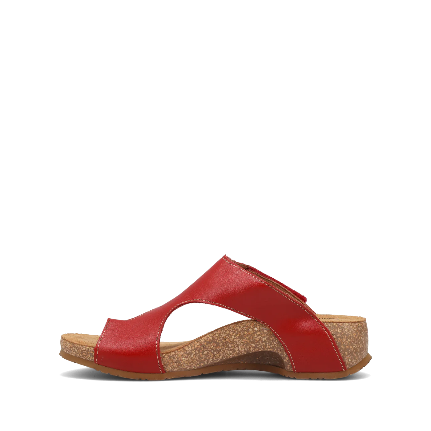 Side view of a pair of red Taos sandals featuring a slip-on design with a soft suede footbed and subtle stitching details.