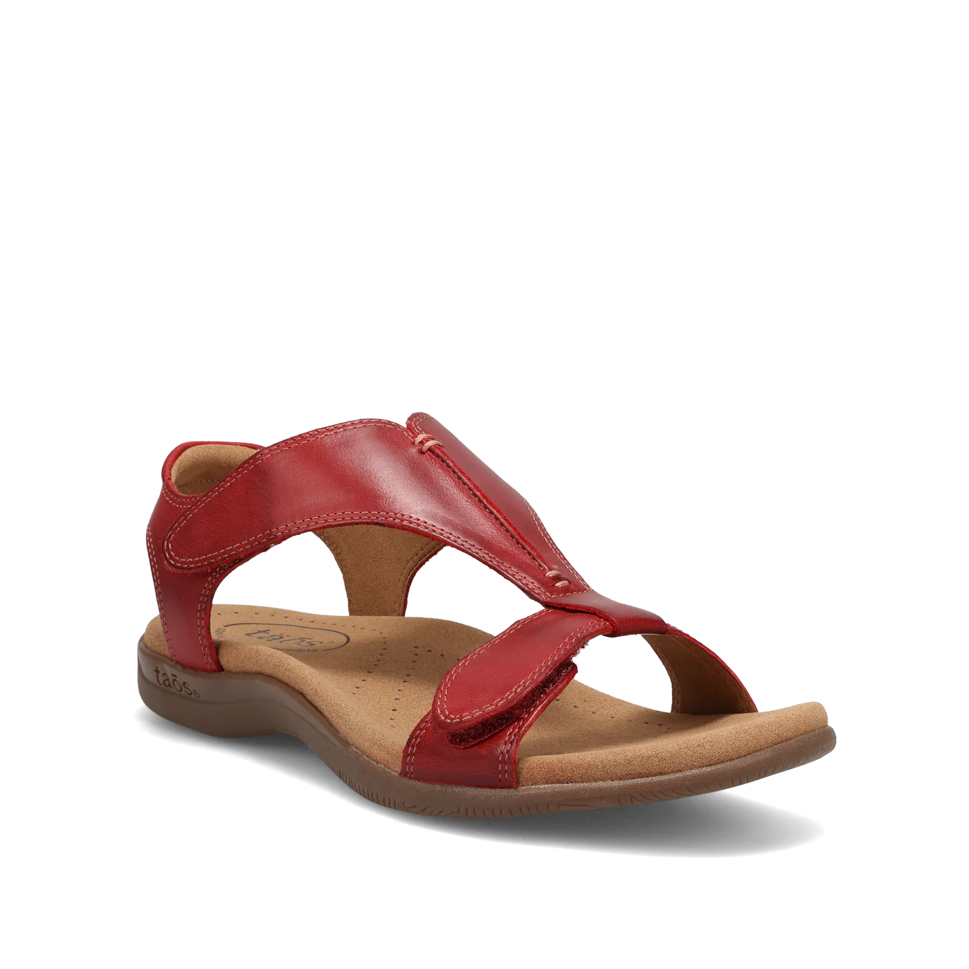 Side view of red Taos sandal featuring a T-strap design with adjustable straps and a cushioned footbed for comfort.