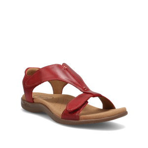 Side view of red Taos sandal featuring a T-strap design with adjustable straps and a cushioned footbed for comfort.