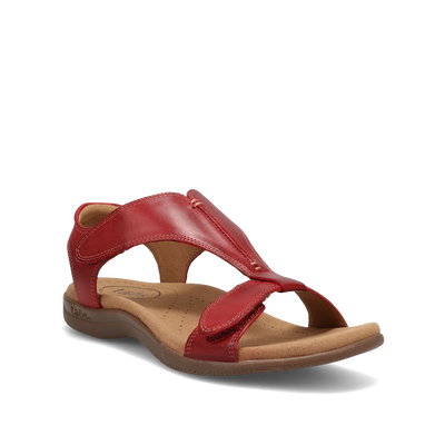 Side view of red Taos sandal featuring a T-strap design with adjustable straps and a cushioned footbed for comfort.